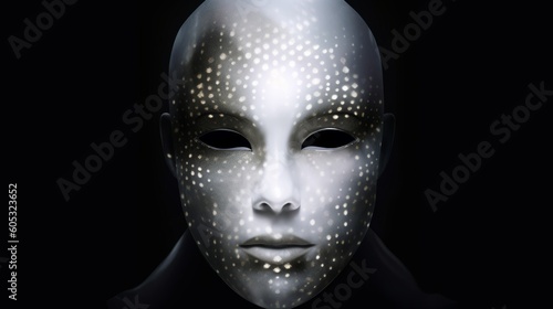Alien faces design concept. Modern portrait of a stylish android man, brutal model face in makeup. Created with AI