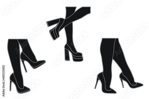 Line art silhouette outline of female legs in a pose. Shoes stilettos, high heels. Walking, standing, running, jumping, dance