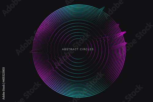 Circle Pattern Lines Vibration with Neon Color. 3D Abstract Сosmic Circle Echo on the Black Background. Vector Illustration in Futuristic Style for Banner, Poster, Postcard or Brochure.