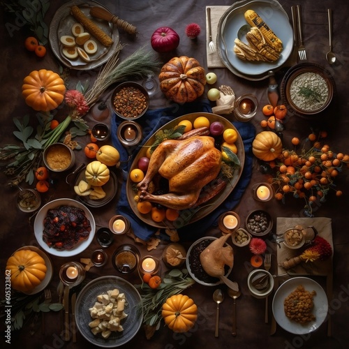 Thanksgiving Feast: Top View of Table with Dishes and Decor. Generative AI