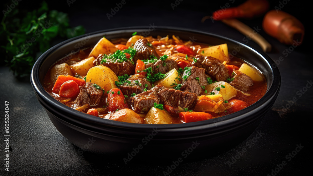 Beef meat and vegetables stew in black bowl with roasted baby potatoes. Dark background. Copy space. Top view. Beef meat and vegetables stew in black bowl with roasted baby potatoes. Dark background. Copy space. Top view.