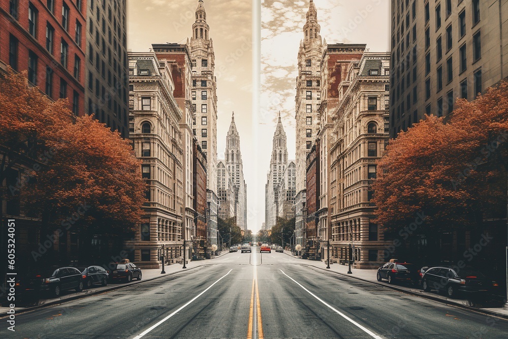 A mirrored city street lined with historic buildings and fall foliage under a soft sky, symmetric Split-Screen Panorama of Cleveland and New York Streets.