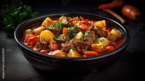 Beef meat and vegetables stew in black bowl with roasted baby potatoes. Dark background. Copy space. Top view.