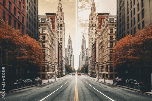 A mirrored city street lined with historic buildings and fall foliage under a soft sky, symmetric Split-Screen Panorama of Cleveland and New York Streets.