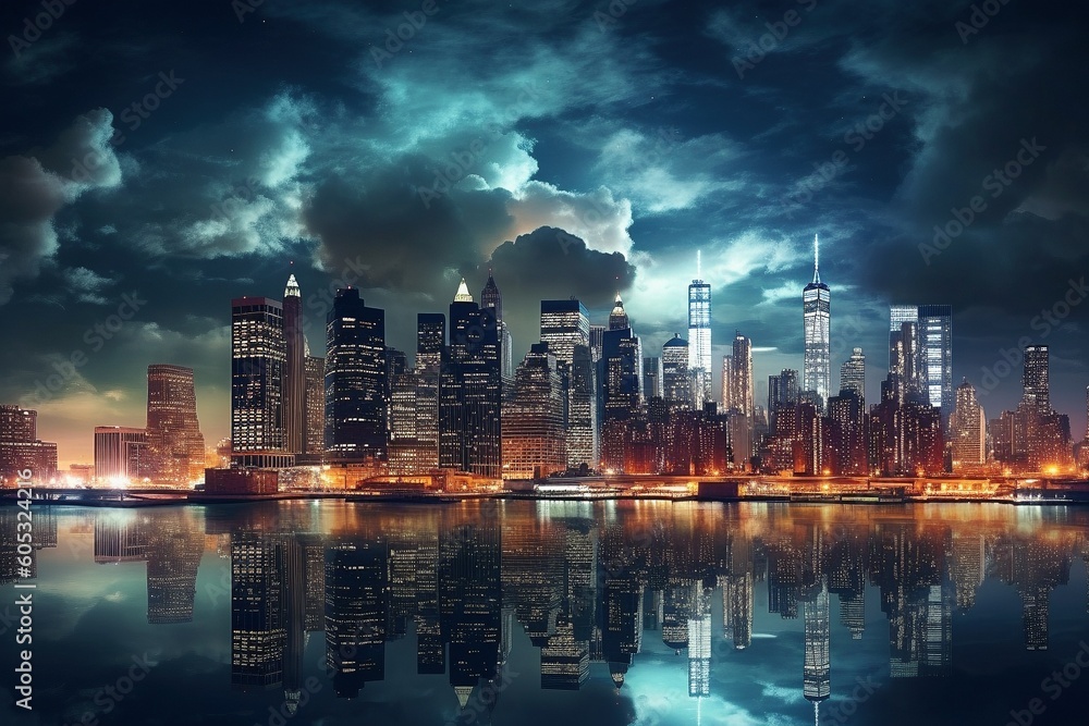 Nighttime Reflections: Cityscape View Across the Water Under Starry Sky - AI Generative Nighttime Reflections: Cityscape View Across the Water Under Starry Sky - AI Generative