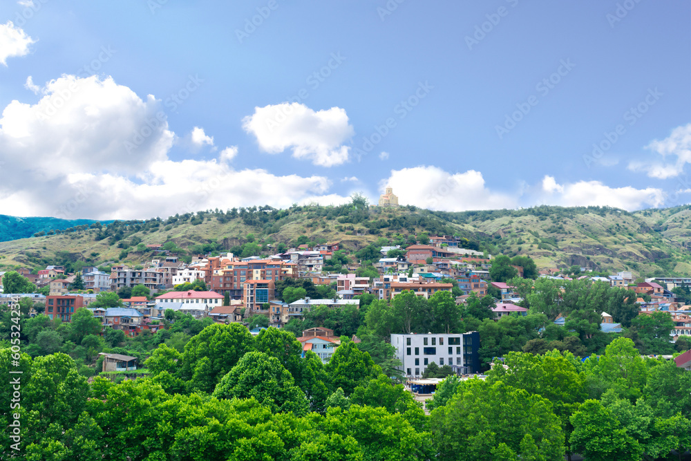 Fototapeta premium Scenic beautiful view panorama landscape of old town Tbilisi, Georgia in summer sunny day, park in mountains