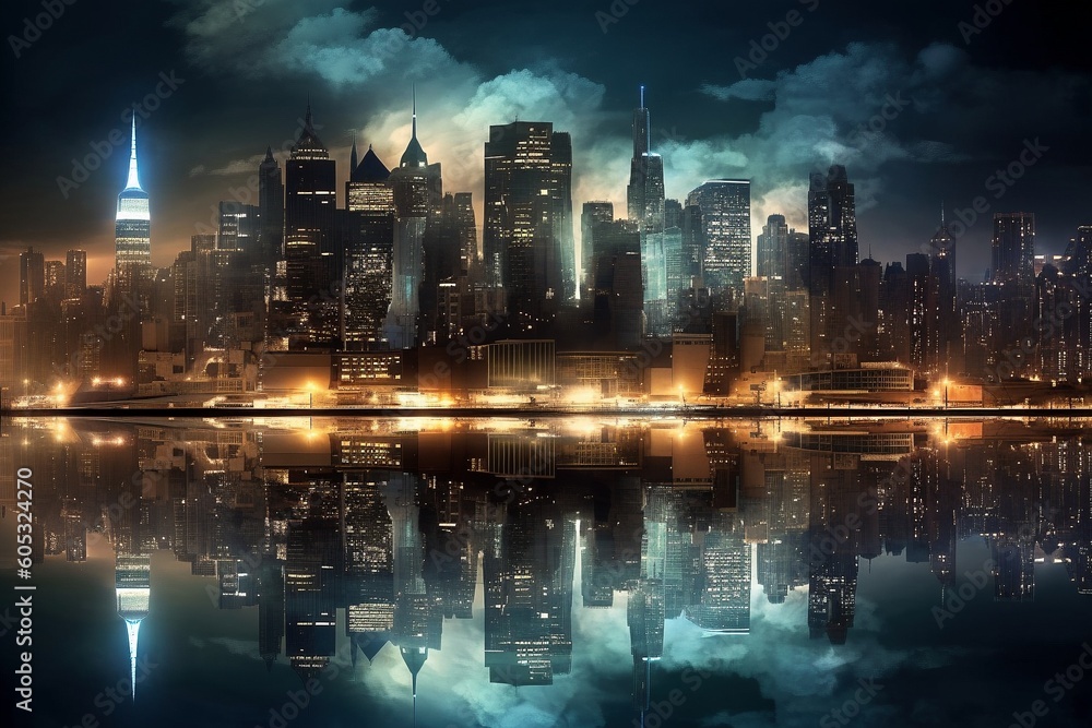 Nighttime Reflections: Cityscape View Across the Water Under Starry Sky - AI Generative