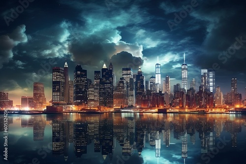Nighttime Reflections: Cityscape View Across the Water Under Starry Sky - AI Generative © Digital Dreamscape