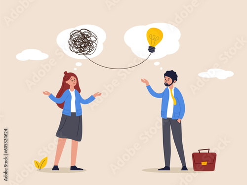 Simplify complex business idea concept. Untangle or solve business problem, solution for messy chaos situation, smart businessman untangle messy line of business idea lightbulb or simplify problem.