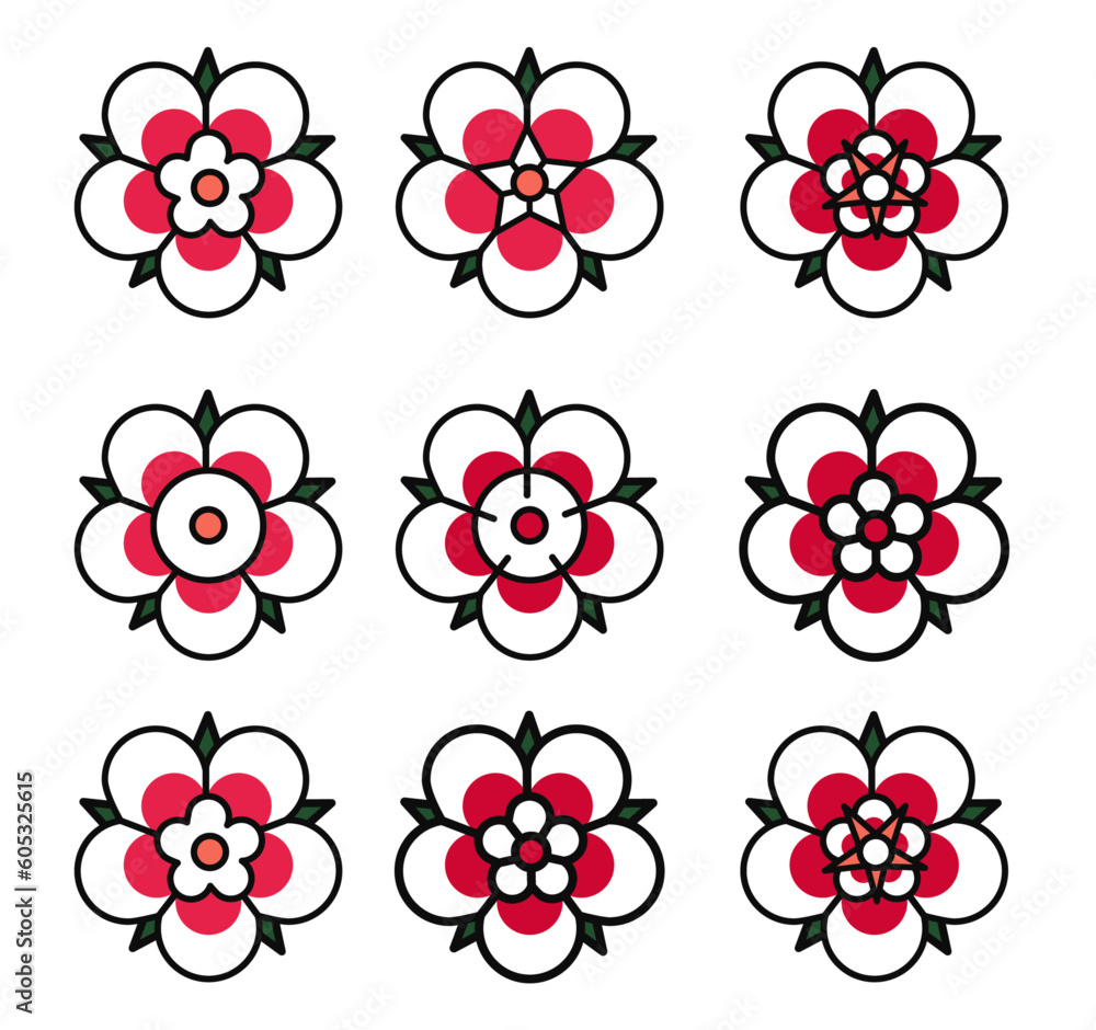 Japanese Tattoo-Inspired Flower Vectors: Top-Down View with Red Details on White Background icons Japanese Tattoo-Inspired Flower Vectors: Top-Down View with Red Details on White Background icons