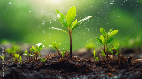 young plants growing up on ground with raining drop, save would and green green environment concept
