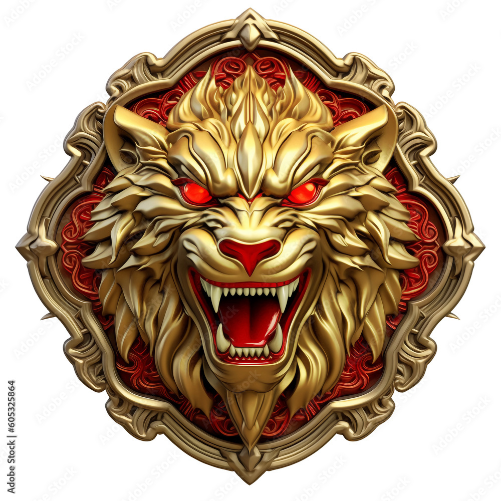 A Silver and gold metal wolf head metal emblem. 3D style wolf metal