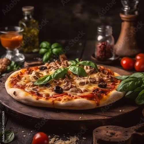 pizza dish on a wooden table ,generative ai