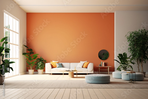 Modern Living Room Interior With Vibrant Orange Furniture and Wall Colors for Mockup Design - 8K Ultra High Resolution - Generative AI