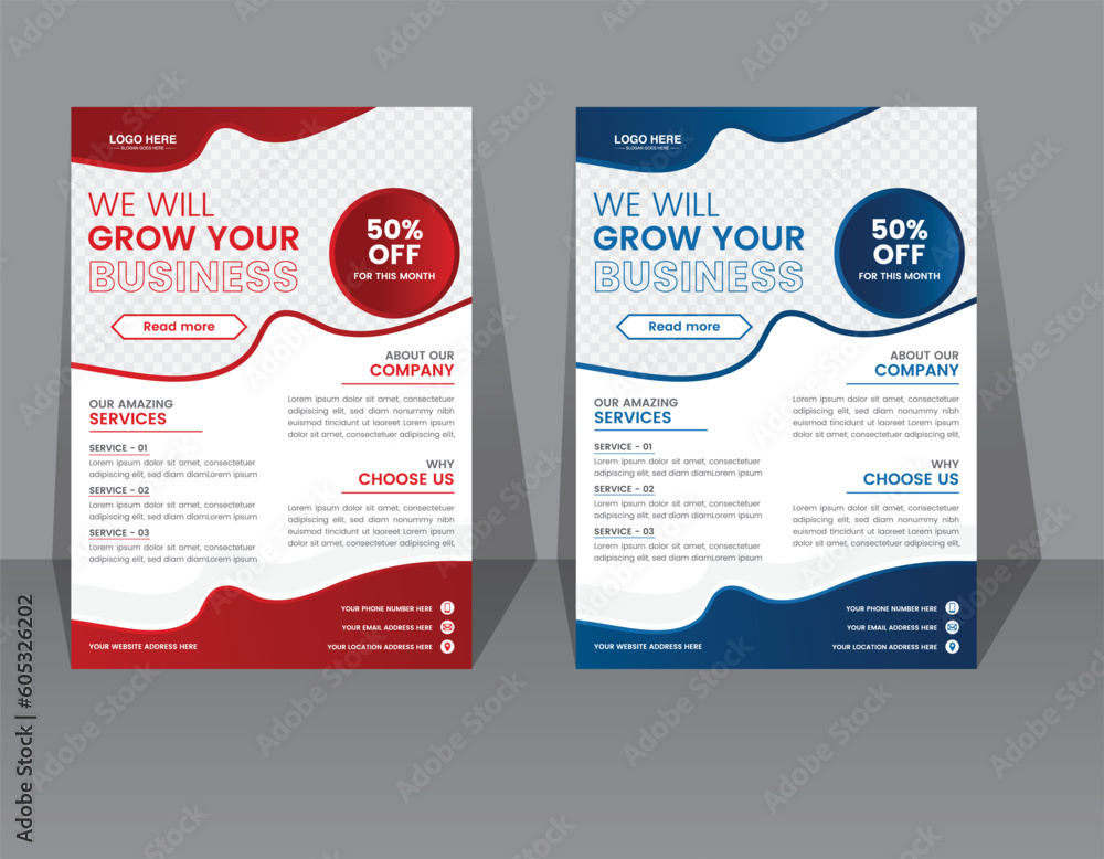 Red and Blue color modern creative business flyer design template a4 size half page size for company industry promotion and growth. vector file outline