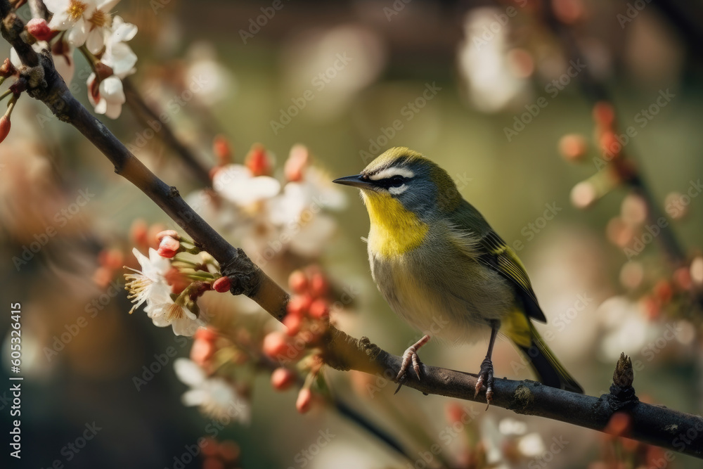 A small bird sits on a flowering tree branch. Generative AI.