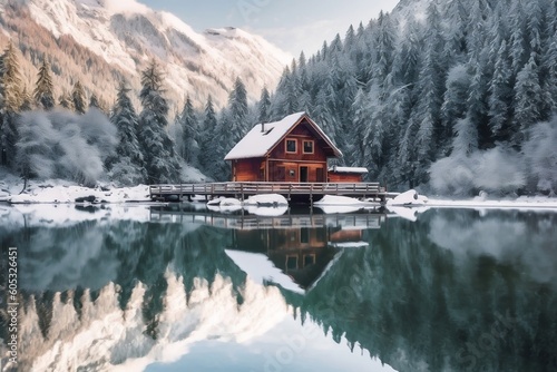 Snowy Cabin Retreat: Frozen Lake and Mountain View. Ai