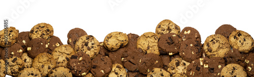 a heap of light and dark cookies  for banner, panorama or border on transparent background PNG file