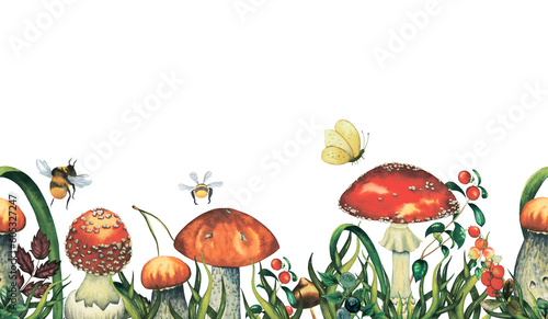 Seamless border with watercolour wild forest red mushrooms with leaves, cranberries, pine needle, butterfly, bumblebee. Isolated hand drawn illustration on white background.