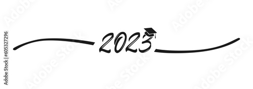 Handwritten style creative divider with number 2023 and educational cap. Diploma design element. Certificate frame. Class of 2023 congrats. Graduating banner concept. 20 23 sign with abstract line.