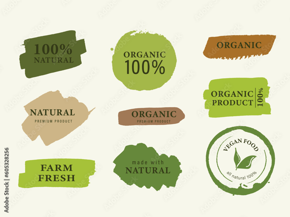 Organic label and natural label hand drawn watercolor painting brush