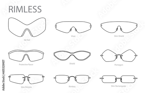 Set of Rimless frame glasses fashion accessory illustration. Sunglass front view for Men, women, unisex silhouette style, flat rim spectacles eyeglasses, lens sketch style outline isolated on white