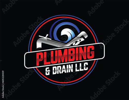 Blue And Red Plumbing Emblem Logo Design Template