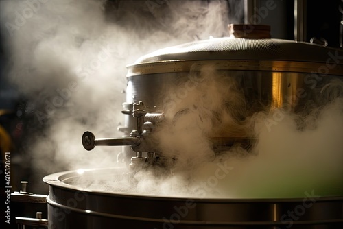 a close-up of the delicate steam rising from a boiling maple sap evaporator, created with generative ai