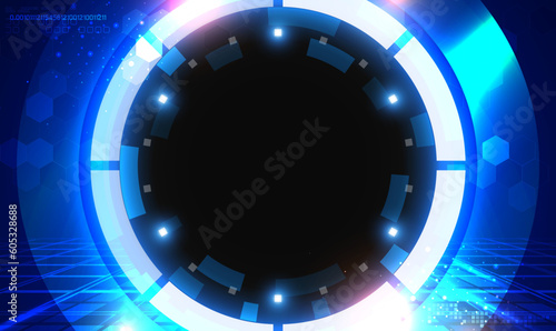 Abstract futuristic blue circle interface technology background. Blue light circle center cyberspace background HUD. Glowing Sci-fi circle circuit hud. Digital high technology cyberspace. Vector EPS10