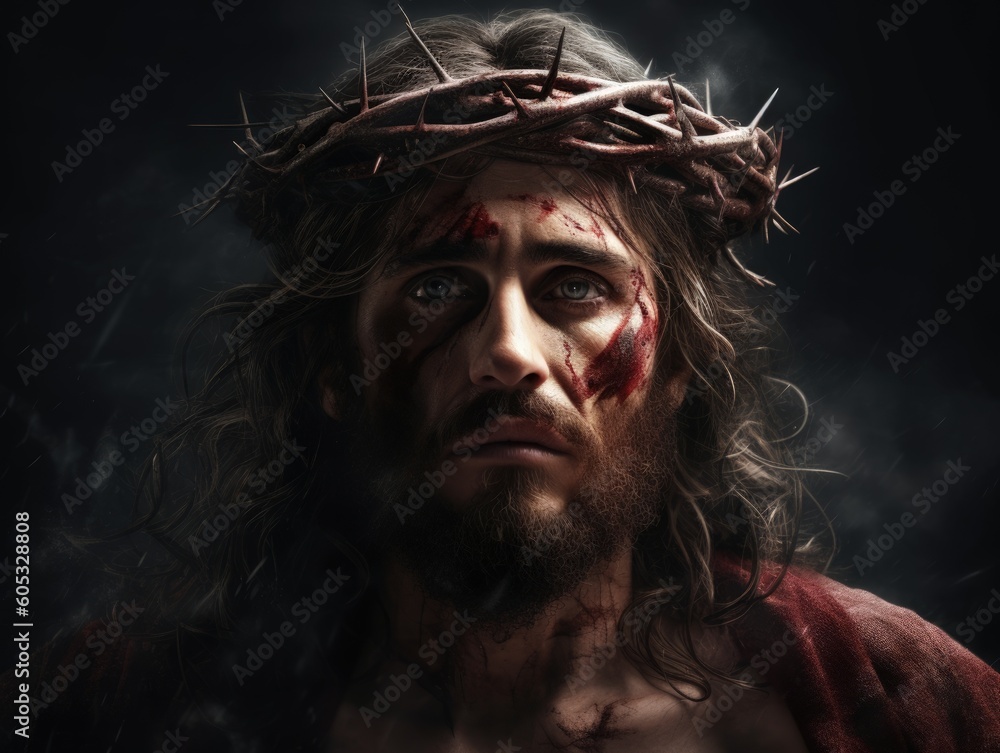 Jesus Christ crucified in a crown of thorns bloody, generative ai