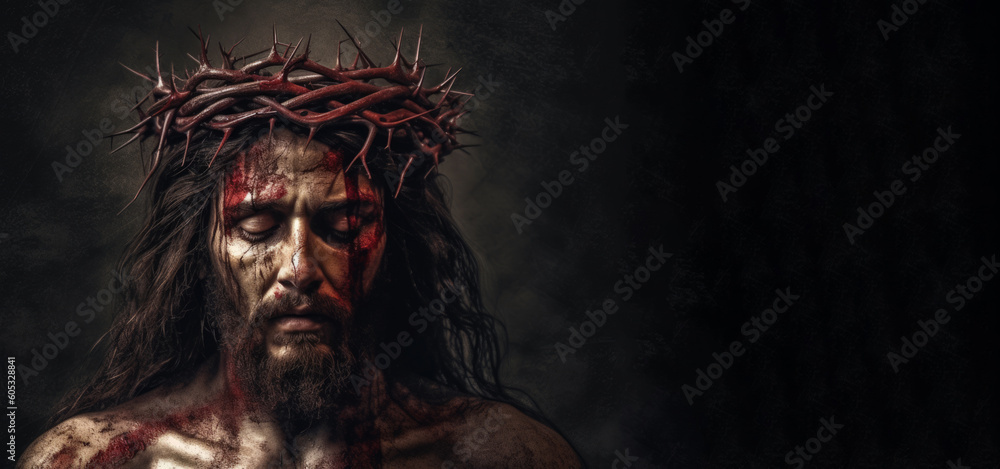 Jesus Christ crucified in a crown of thorns bloody, generative ai
