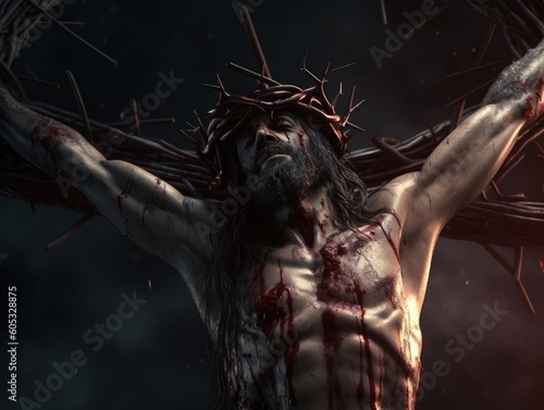 Jesus Christ crucified martyr for the sins of mankind in a crown of thorns with streaks of blood  generative ai
