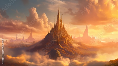 Castle Surrounded by Mountains Landscape With Golden Hour Atmosphere Wallpaper Generated AI © Fauzan