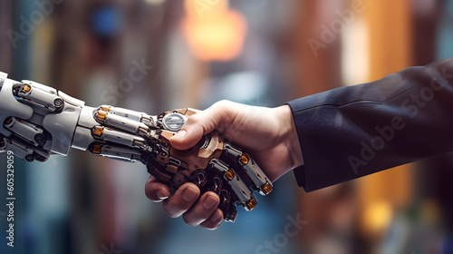 AI Artificial Intelligence shaking hand with human businessman, AI and Human handshake partnership and teamwork concept, Generative AI illustration © chakisatelier