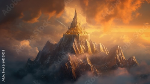 Castle Surrounded by Mountains Landscape With Golden Hour Atmosphere Wallpaper Generated AI