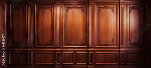 Classic premium luxury wood paneling wall background or texture. Highly crafted traditional wood paneling wall and floor, with a frame and column pattern, Extra wide format. Hand edited generative AI.