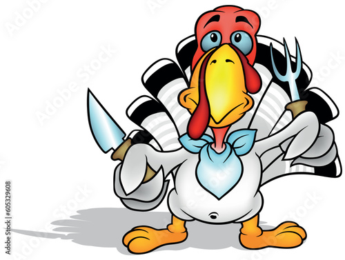 White Blue-eyed Turkey with a Yellow Beak Holding a Fork and Knife