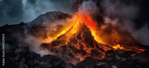 A volcano erupting. Eruption of a volcanic mountain  and red magma spewing out and flowing. Hand edited generative AI. 