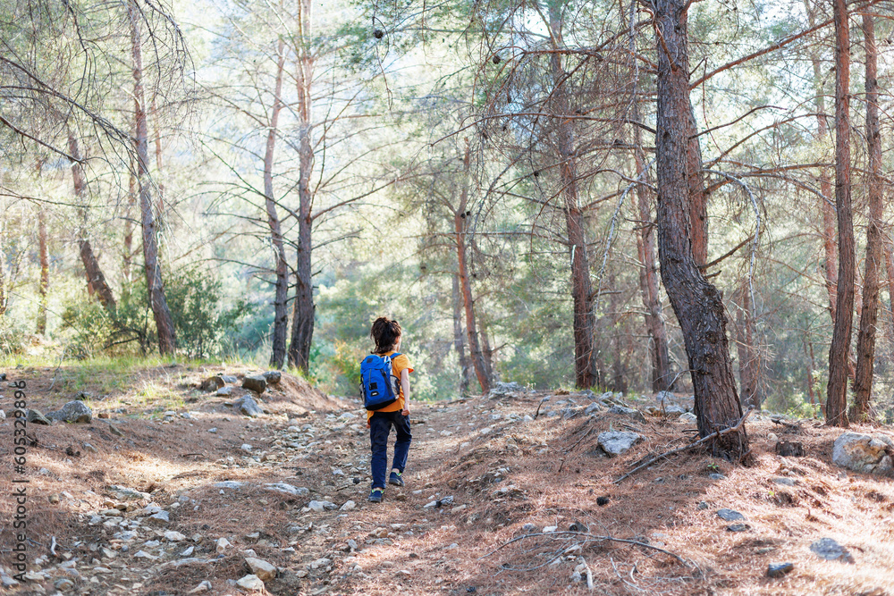 Traveling child. a tourist with a backpack goes along a mountain road. adventure holidays with children. Traveling child. a tourist with a backpack goes along a mountain road. adventure holidays with children.