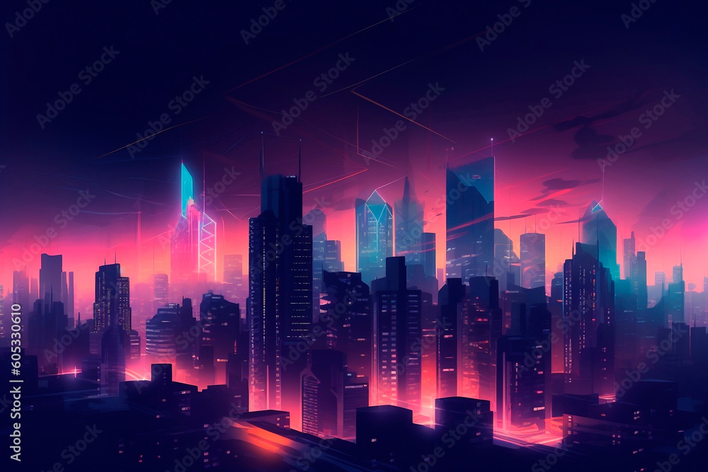 Futuristic city at night with neon lights. AI Generated 