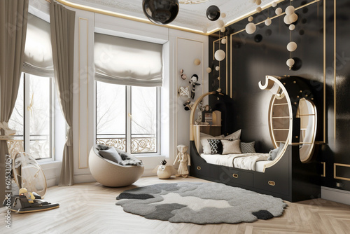 Luxury bedroom in art deco style with golden  black and white colors. Super photo realistic background  generative ai illustration