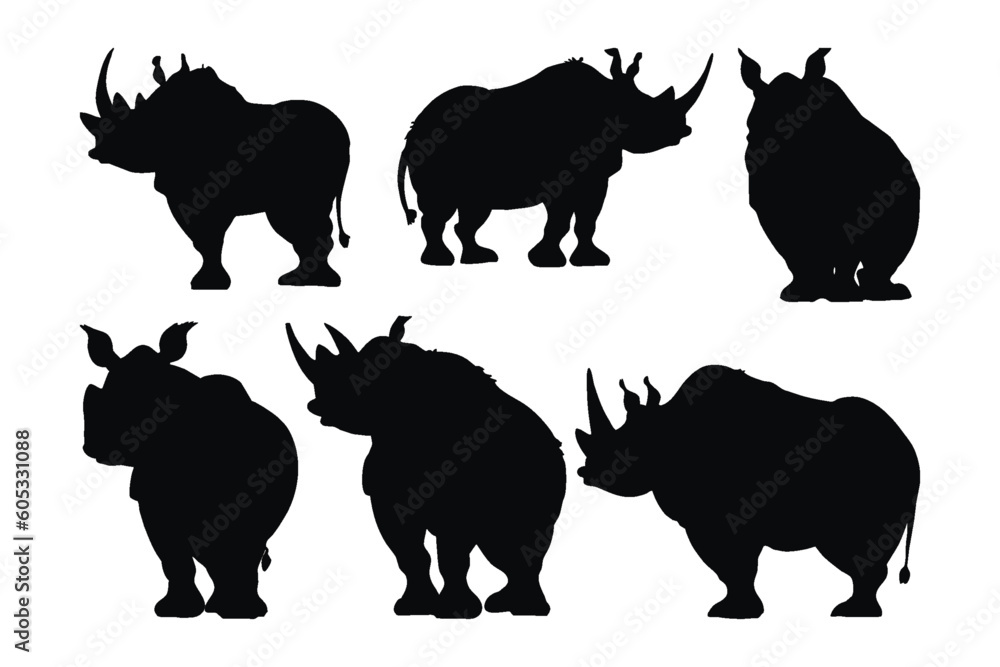 Rhino standing in different positions, silhouette set vector. Adult