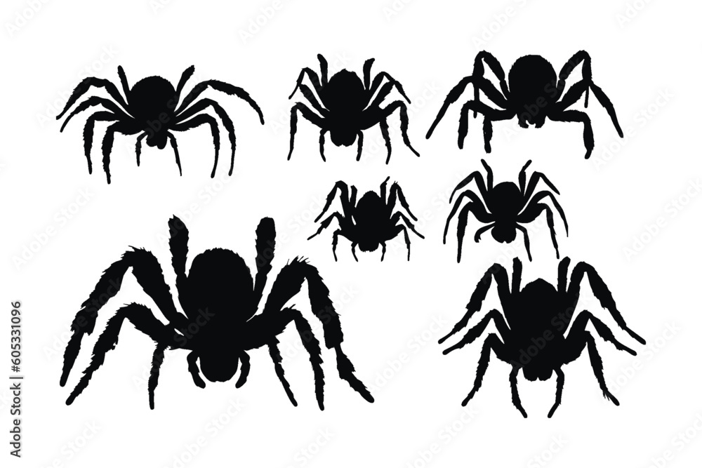Scary spider sitting silhouette set vector on a white background. Poisonous insects silhouette collection. Spider front side in different positions silhouette bundle. Wild insects sitting, silhouette.