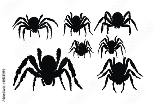 Scary spider sitting silhouette set vector on a white background. Poisonous insects silhouette collection. Spider front side in different positions silhouette bundle. Wild insects sitting, silhouette. © Iftikhar alam
