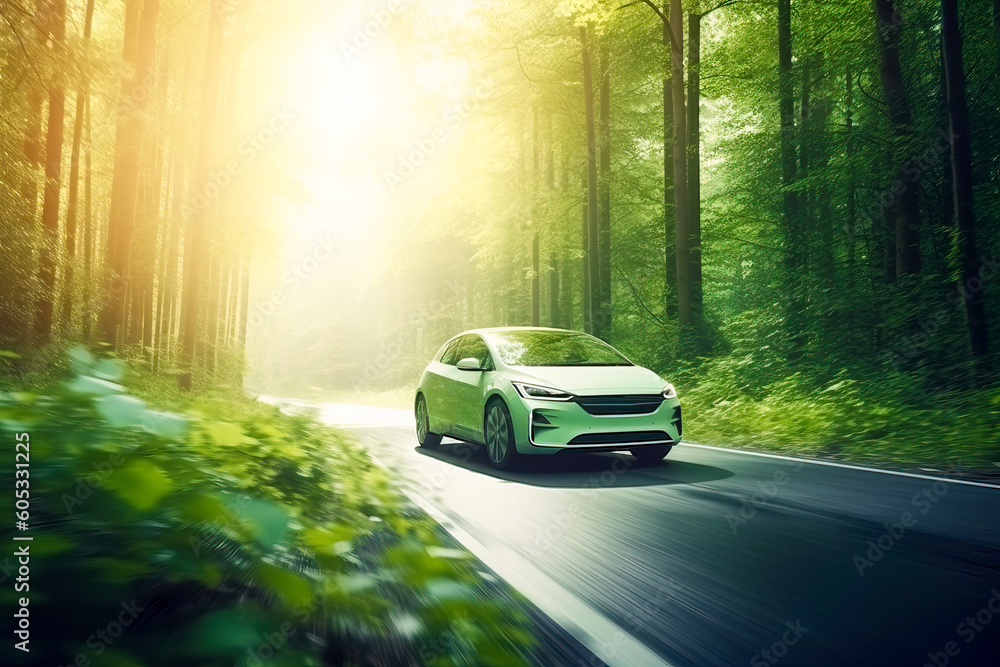 Electric car and EV electrical energy for environment. EV car on forest road going through forest. Ecosystem, healthy environment concept. Generative AI Electric car and EV electrical energy for environment. EV car on forest road going through forest. Ecosystem, healthy environment concept. Generative AI