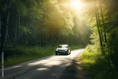 Electric car and EV electrical energy for environment. EV car on forest road going through forest. Ecosystem, healthy environment concept. Generative AI