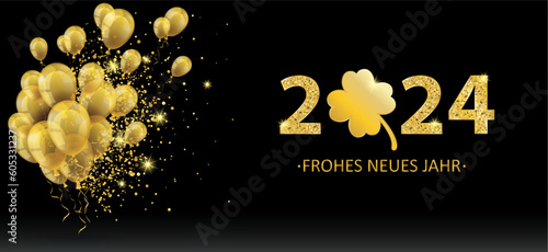 2024 Frohes Neues Jahr Banner mit goldenen Luftballons und Kleeblatt photo