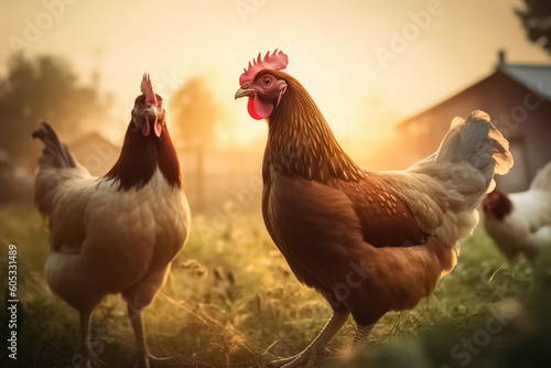 Chicken or hen on a green meadow. Chicken on traditional free range poultry. Concept Eggs Fresh from farm. 

