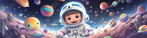 Playful Astral Adventure: Whimsical Cartoon Astronaut in Zero Gravity