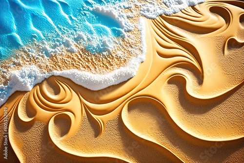 Soft waves with foam of the blue ocean sea on the gold beach, created with Generative AI technology photo